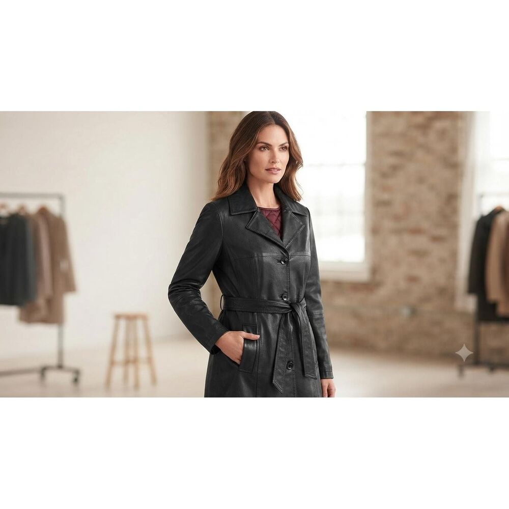 Wilsons Pelle Studio Black Leather Belted Trench Coat Jacket Thinsulate Medium